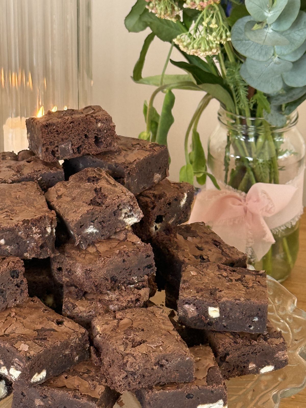 A pile of handmade chocolate brownies